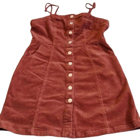 Y2K Brown Clay Boho Sleeveless Button Front Corduroy Mini Dress Large - Picture 5 of 16